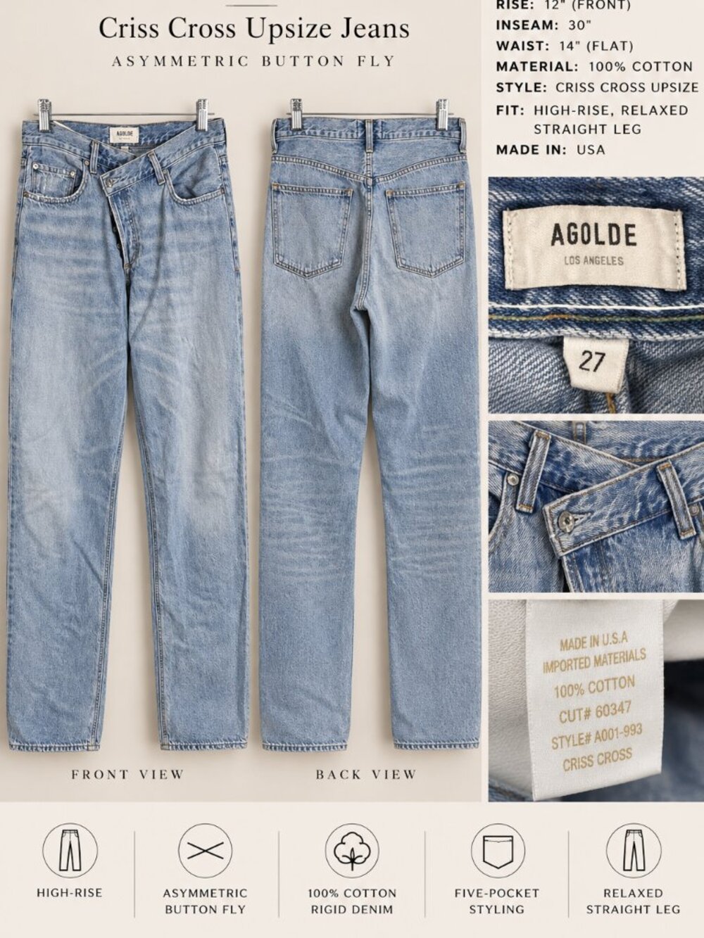 AGOLDE Criss Cross Upsized Jeans Light Wash Asymmetric Button Fly Size 27 - Picture 2 of 7